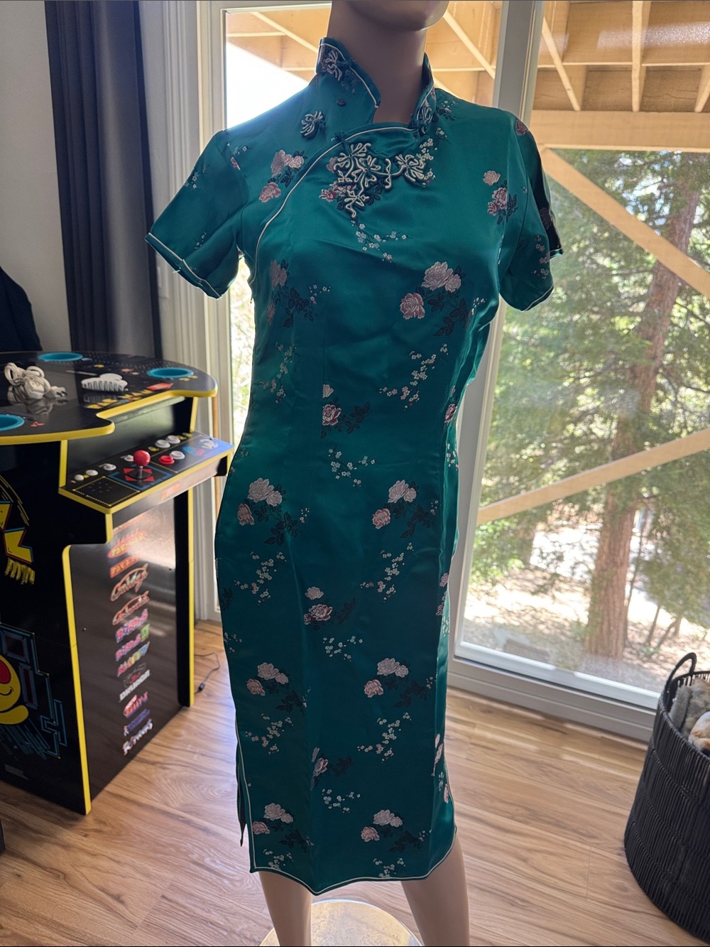 Teal Floral Satin Cheongsam Dress P10